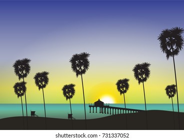 Sunset at the pier with palm trees view, vector illustration.