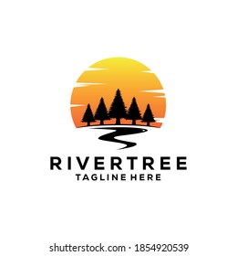 sunset pine tree logo vintage with river creek vector emblem illustration design