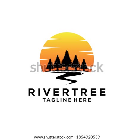 sunset pine tree logo vintage with river creek vector emblem illustration design