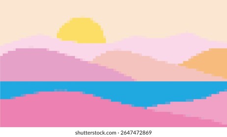 sunset pink pixel art landscape vector illustration background