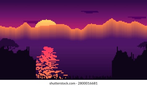 Sunset pixel art, vivid sky colors, water reflection, mountain outlines, tropical vibe.