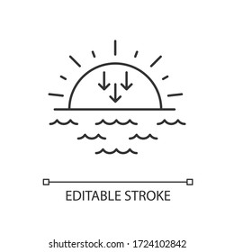 Sunset pixel perfect linear icon. Sundown, weather forecasting thin line customizable illustration. Contour symbol. Sea, ocean at dusk. Sun setting vector isolated outline drawing. Editable stroke