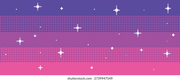 Sunset pixel sky. 8bit magic pink star field with dithering, pixelated stars. 80s galaxy interstellar, retro 2D arcade videogame. Vaporwave or synthwave wallpaper universe pattern. Vector background.