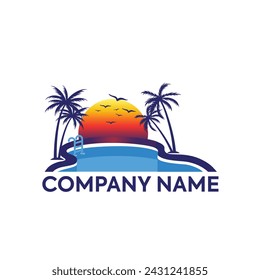 Sunset Pool Beach Logo Vector