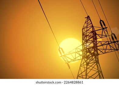 Sunset power lines. Vector illustration electricity transmission.