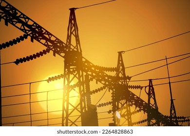 Sunset power lines. Vector illustration electricity transmission.
