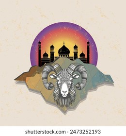 Sunset Ram and Mosque: A Fusion of Nature and Culture in Vibrant Vector Art, Kurban Bayram illustration, Eid Al Adha, Muslim Islamic Religious card