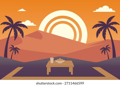 Ilustración de Iftar de Ramadán al atardecer – Palmeras y Paisaje de Luna creciente