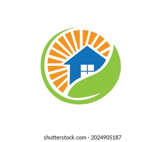 Sunset Real Estate Logo With Leaf Vector Template Design.