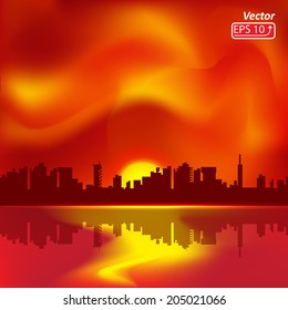 sunset red orange abstract background with silhouette of city sea yellow sun vector