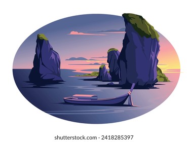 Sunset at the resort of Thailand. Rocky islands near the ocean coast. Tourism, recreation and travel. Traditional rest. Vector illustration