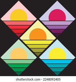 Sunset retro badge and emblem set, Vintage sun in 80`s style, SVG Vector