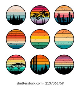 Sunset retro badges. 90s vintage stylized colored gradients templates for labels design grunge surfing ocean logos recent vector vector collection set