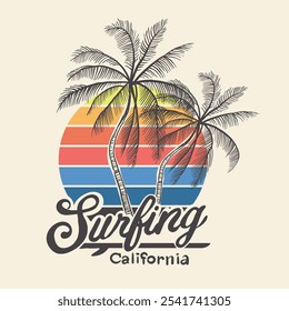 Sunset retro color with hand drawn palm tree. summer t shirt design. surfing California. vintage summer print design. women's summer printed artwork