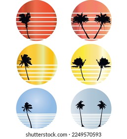 Sunset retro icon and palm tree set, vintage sun in 80s style, SVG vector svg