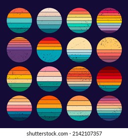 Sunset retro logo  California banners 1980 templates circle colored vintage pictures for badges recent vector ilustrations set