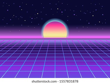 Sunset. Retrowave, synthwave, rave, vapor party background. Light grid landscape. Yesterday’s tomorrow. Trendy retro 80s, 90s style. Black, purple, violet, pink, blue colors. Banner, print, wallpaper