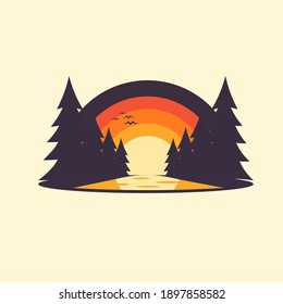 
Sunset with a river in the forest vector.