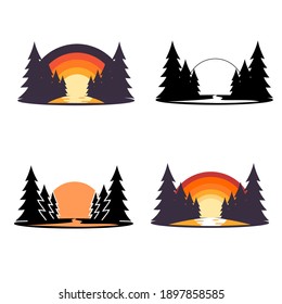 
Sunset with a river in the forest vector.