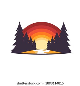 
Sunset with a river in the forest vector.