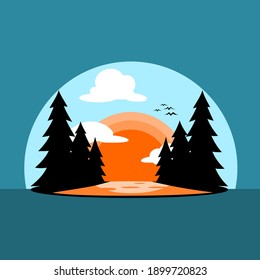 Sunset with a river in the forest vector.