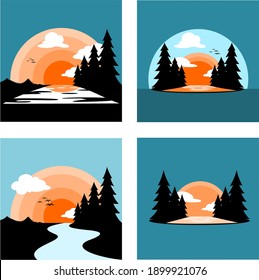 Sunset with a river in the forest vector.