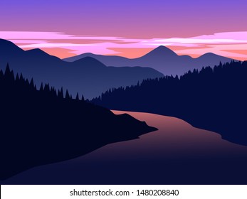 sunset at river with hills and mountain vector illustration