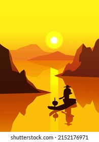 Sunset in river. Sunset illustration with river and fisherman