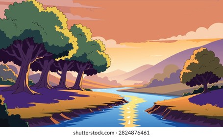 Sunset river landscape vector background 2d cartoon forest valley mountain sunset game level