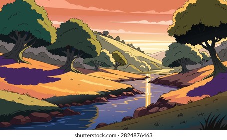Sunset river landscape vector background 2d cartoon forest valley mountain sunset game level