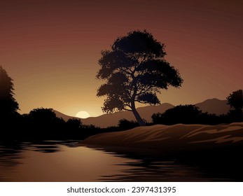 Sunset in riverside with big tree