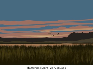 Sunset in the riverside with flying birds