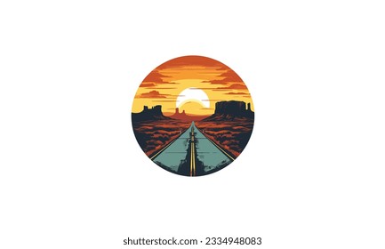 sunset road desert trip logo vector with highway travel icon