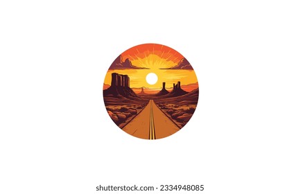 sunset road desert trip logo vector with highway travel icon