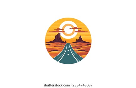 sunset road desert trip logo vector with highway travel icon