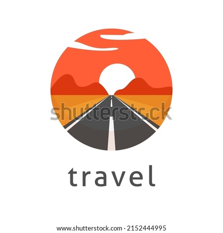 Sunset road desert trip logo vector with highway travel icon or journey sunrise landscape to mountain circle round logotype flat illustration, abstract nature orange sun sky and path way tour