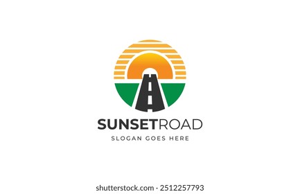Sunset road logo vector with highway travel icon and sunrise landscape.