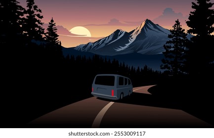 Sunset road trip through road in mountain forest