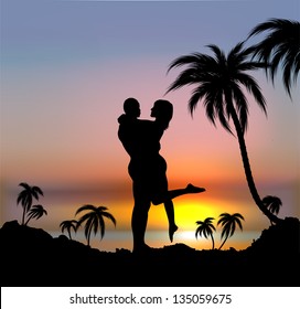 Sunset romantic background with young couple