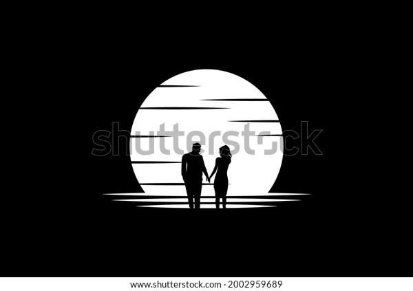 Sunset Romantic Couple Dating Wall Art, Valentine Day, Honeymoon, Love or Wedding Logo Design Vector.