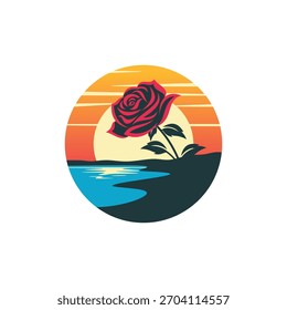 Puesta del sol con la flor de rosa en la playa