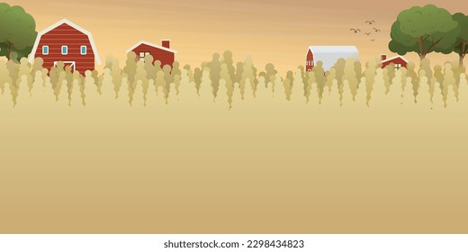 Sunset at rural farm and village landscape vector illustration with blank space. Wheat field flat design for eco or daily products advertisement.