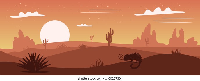 sunset safari background landscape with cactus and chameleon