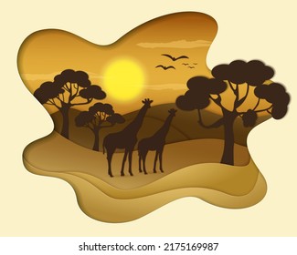 Sunset safari with silhouettes of giraffes and birds against the backdrop of mountains. Wildlife concept in paper cut style. Vector illustration.