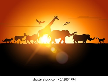 Sunset Safari - Wildlife silhueta contra um pôr do sol - ilustração vetorial.