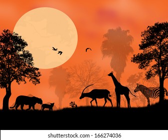 Sunset Safari - Wildlife silhouetted against a sunset, vector illustration