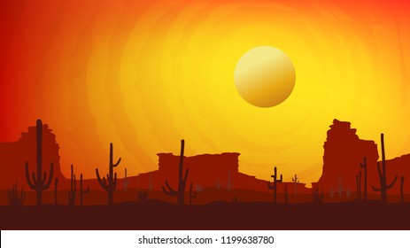 Sunset with Saguaro Cactus. Desert. Vector background in 16:9 format