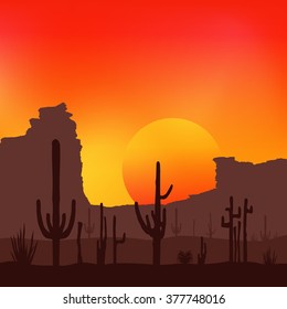 Sunset with Saguaro Cactus. Desert. Vector background.