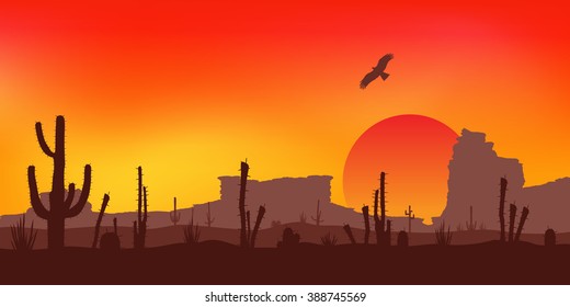 Sunset with Saguaro Cactus. Desert. Vector.