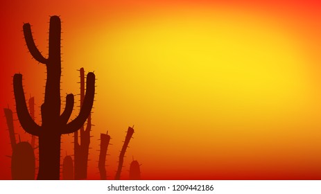 Sunset with Saguaro Cactus. Summer Vector background in 16:9 aspect ratio